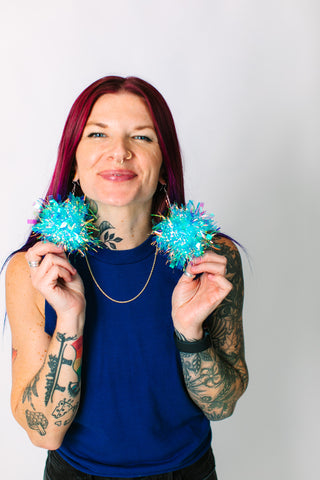 Blue Iridescent Chunky Pom Pom Earrings