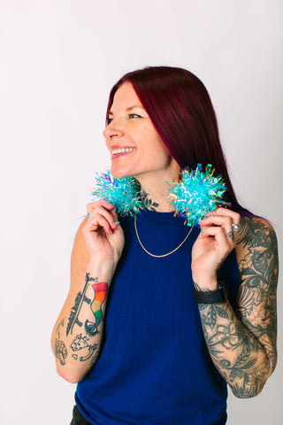 Blue Iridescent Chunky Pom Pom Earrings
