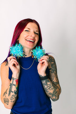 Blue Iridescent Chunky Pom Pom Earrings