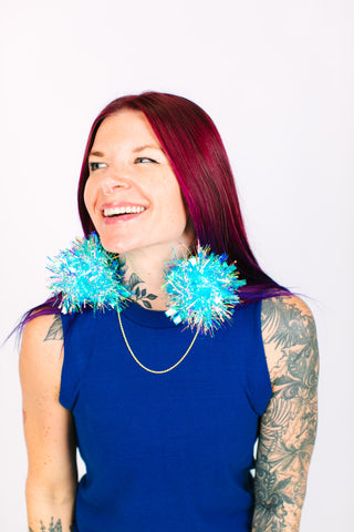 Blue Iridescent Chunky Pom Pom Earrings