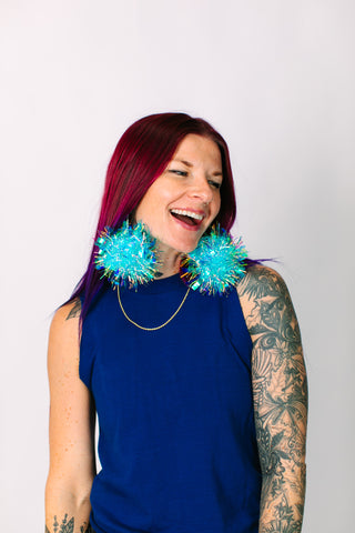 Blue Iridescent Chunky Pom Pom Earrings
