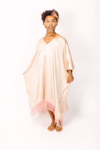Champagne Satin Mid Caftan w/Fringe