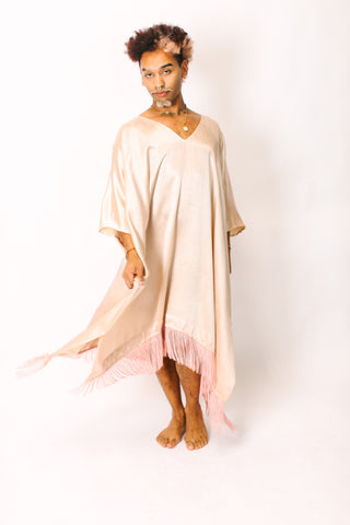Champagne Satin Mid Caftan w/Fringe