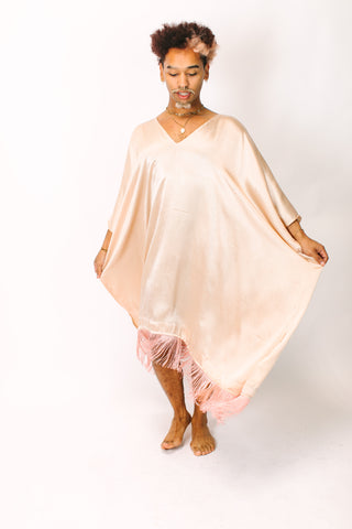 Champagne Satin Mid Caftan w/Fringe