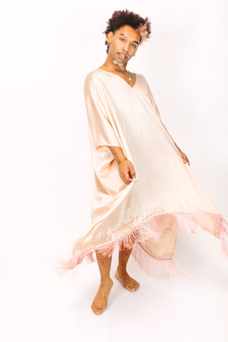 Champagne Satin Mid Caftan w/Fringe