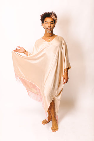 Champagne Satin Mid Caftan w/Fringe