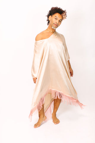 Champagne Satin Mid Caftan w/Fringe