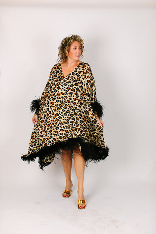 Cheetah Chiffon Ostrich Feather Mid Caftan