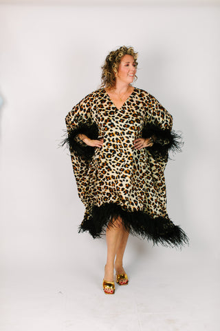 Cheetah Chiffon Ostrich Feather Mid Caftan