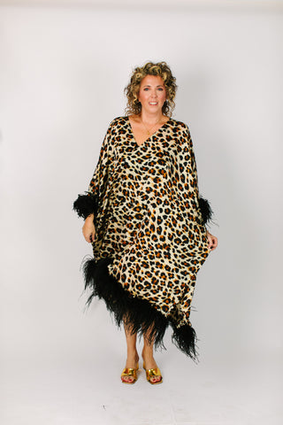 Cheetah Chiffon Ostrich Feather Mid Caftan