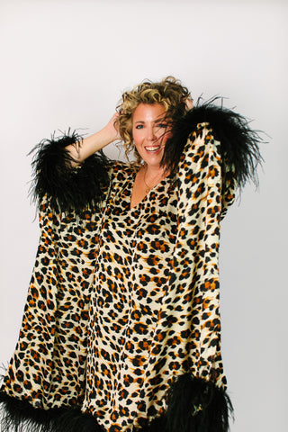 Cheetah Chiffon Ostrich Feather Mid Caftan