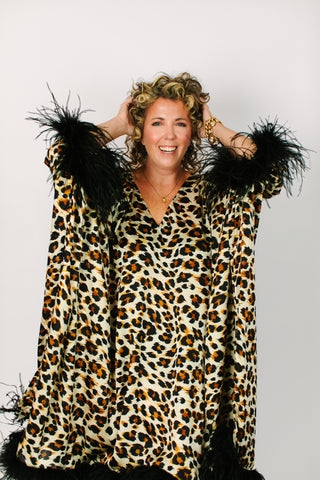 Cheetah Chiffon Ostrich Feather Mid Caftan