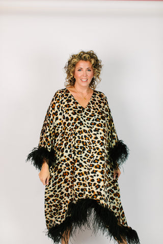 Cheetah Chiffon Ostrich Feather Mid Caftan