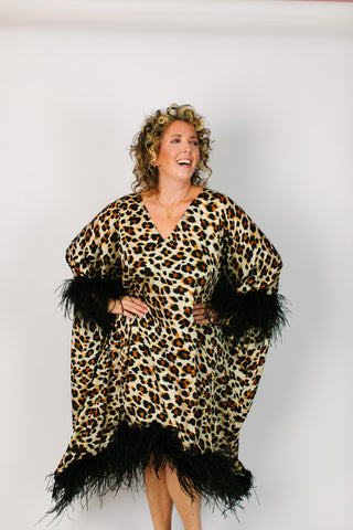 Cheetah Chiffon Ostrich Feather Mid Caftan