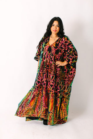 Copper Iridescent Embroidered Sequin Long Caftan - Satin Lined
