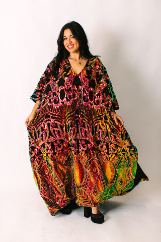 Copper Iridescent Embroidered Sequin Long Caftan - Satin Lined