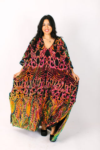 Copper Iridescent Embroidered Sequin Long Caftan - Satin Lined