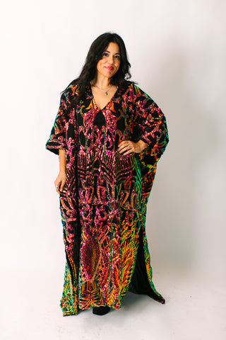 Copper Iridescent Embroidered Sequin Long Caftan - Satin Lined