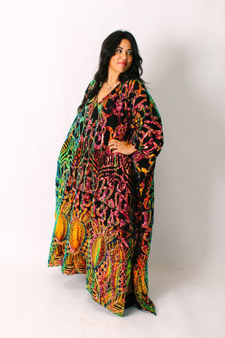 Copper Iridescent Embroidered Sequin Long Caftan - Satin Lined