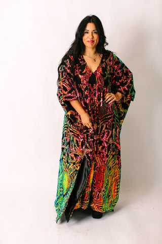 Copper Iridescent Embroidered Sequin Long Caftan - Satin Lined