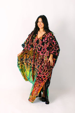 Copper Iridescent Embroidered Sequin Long Caftan - Satin Lined