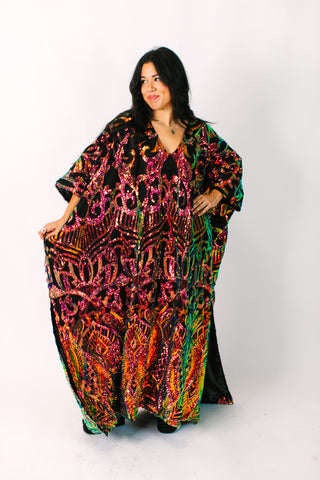 Copper Iridescent Embroidered Sequin Long Caftan - Satin Lined