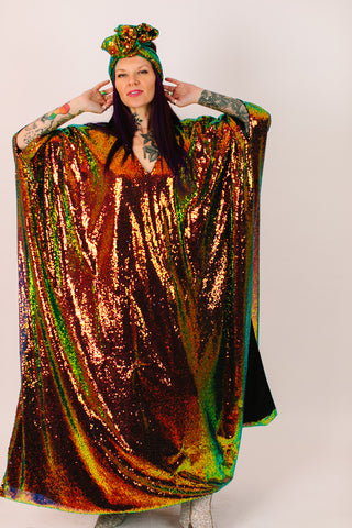 Copper Iridescent Sequin Long Caftan Satin Lined