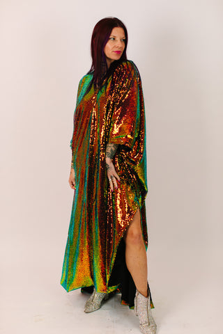 Copper Iridescent Sequin Long Caftan Satin Lined