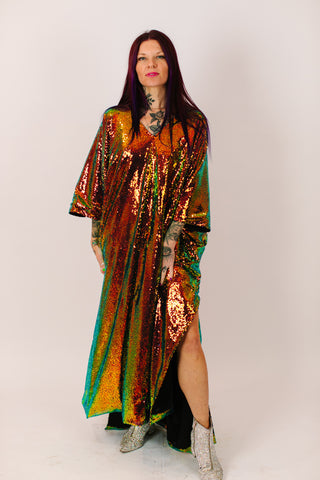 Copper Iridescent Sequin Long Caftan Satin Lined