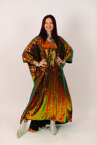 Copper Iridescent Sequin Long Caftan Satin Lined