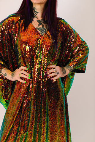 Copper Iridescent Sequin Long Caftan Satin Lined