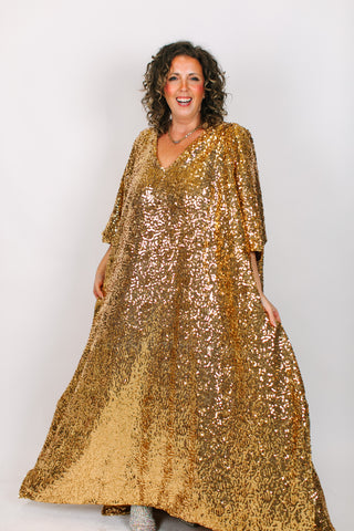 Gold Sequin Long Caftan Satin Lined
