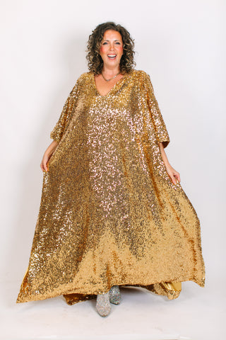 Gold Sequin Long Caftan Satin Lined