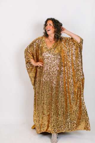 Gold Sequin Long Caftan Satin Lined
