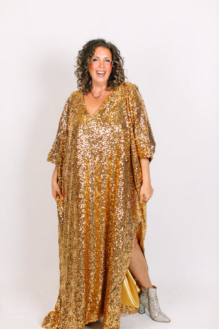 Gold Sequin Long Caftan Satin Lined