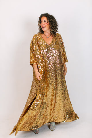 Gold Sequin Long Caftan Satin Lined