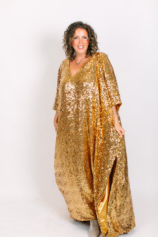 Gold Sequin Long Caftan Satin Lined