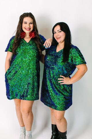 Green Iridescent V-Neck Dress