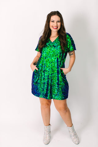 Green Iridescent V-Neck Dress