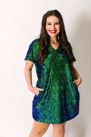 Green Iridescent V-Neck Dress