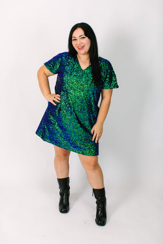 Green Iridescent V-Neck Dress