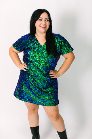 Green Iridescent V-Neck Dress