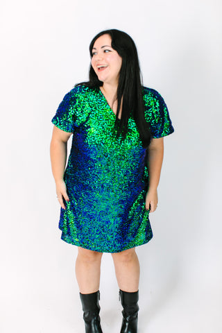 Green Iridescent V-Neck Dress