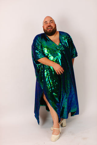 Green Iridescent Sequin Long Caftan Satin Lined