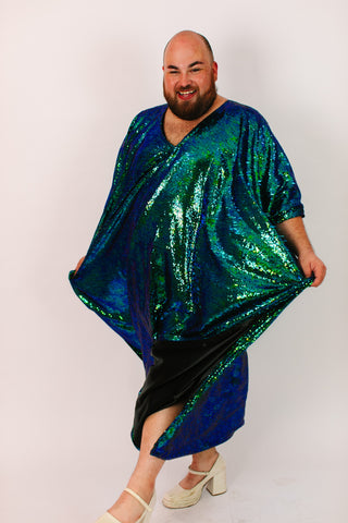 Green Iridescent Sequin Long Caftan Satin Lined