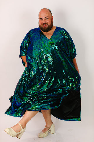 Green Iridescent Sequin Long Caftan Satin Lined