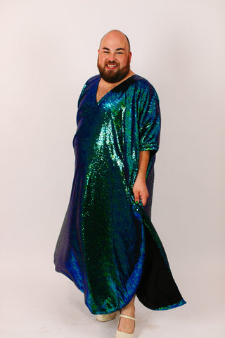 Green Iridescent Sequin Long Caftan Satin Lined