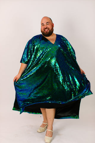 Green Iridescent Sequin Long Caftan Satin Lined