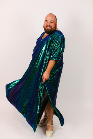 Green Iridescent Sequin Long Caftan Satin Lined