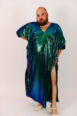 Green Iridescent Sequin Long Caftan Satin Lined